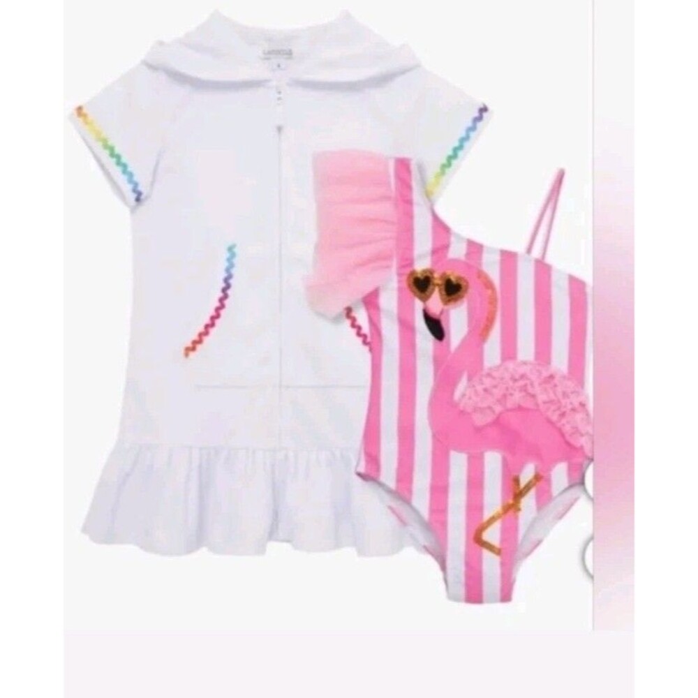 Girls Size 5T FlapDoodles 1-Piece Swimsuit & Hooded Full Zip Terry Coverup Pink